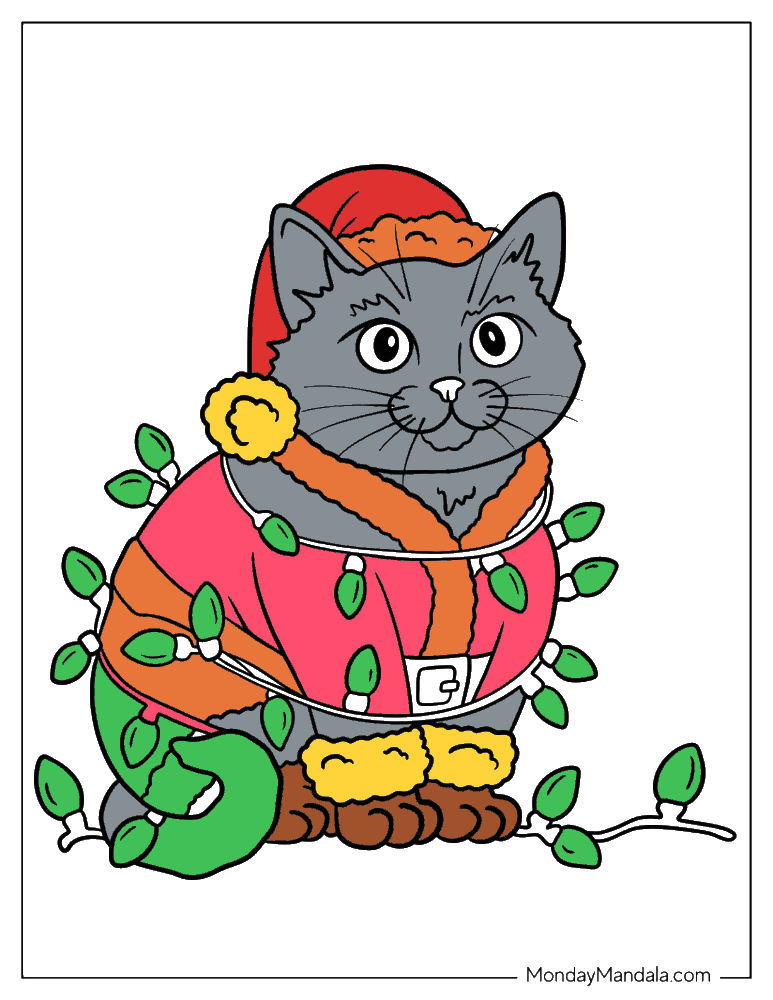 Furry Cat with Santa Hat Wrapped in Christmas Lights Coloring Page for Kids colored by Anonymous